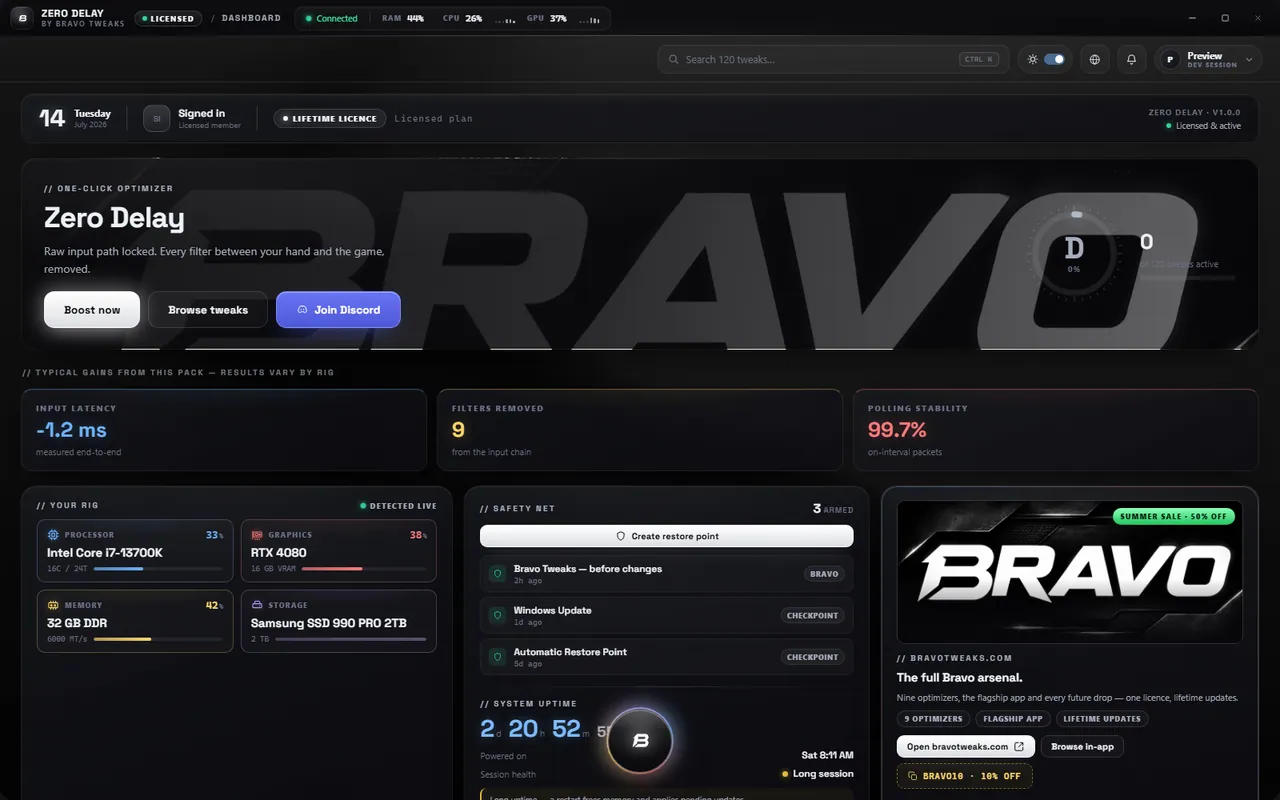 Zero Delay — Bravo Tweaks optimizer dashboard