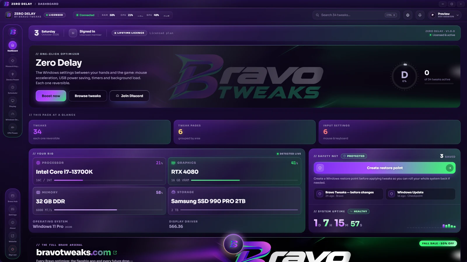 Zero Delay — Bravo Tweaks optimizer dashboard